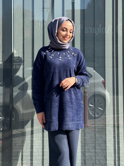 LACİVERT ÖNÜ TAŞLI ANGORA KAZAK