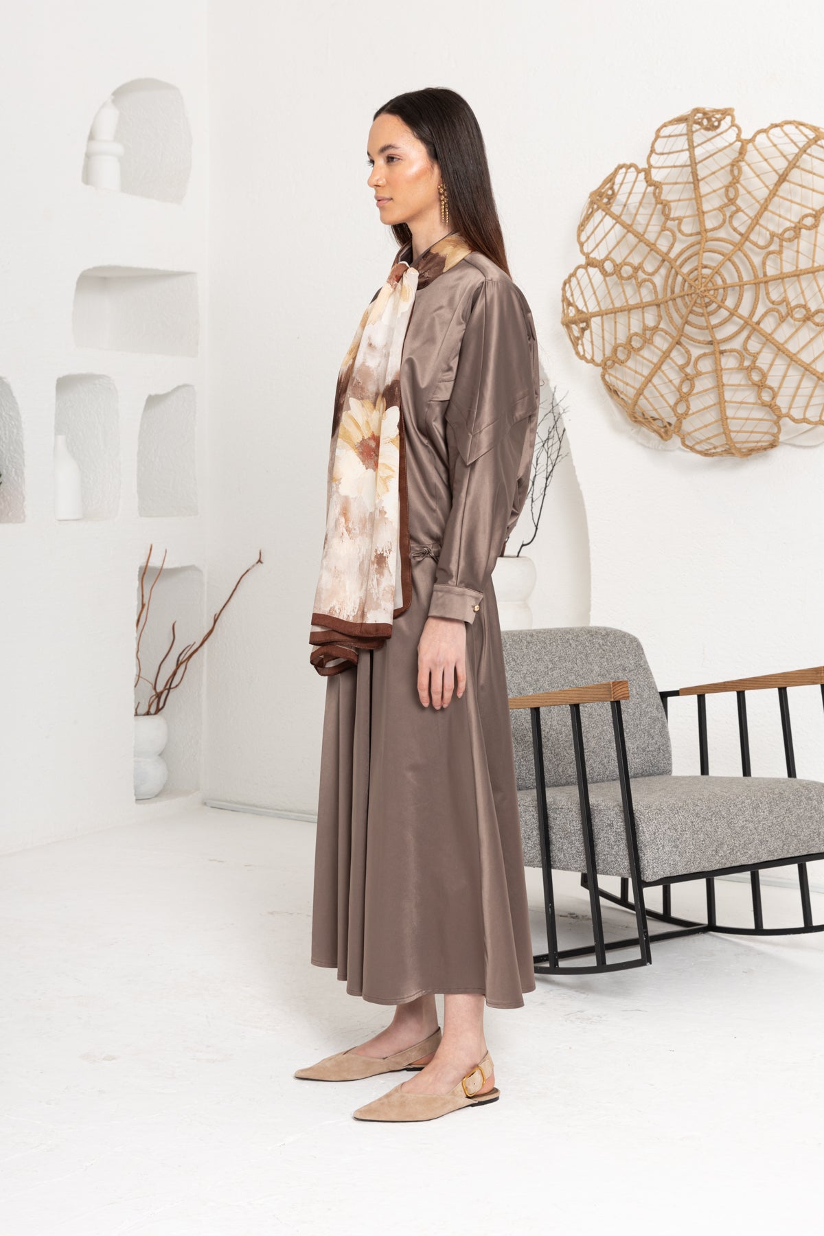 KAHVE   ÇİÇEK DESENLİ ŞAL