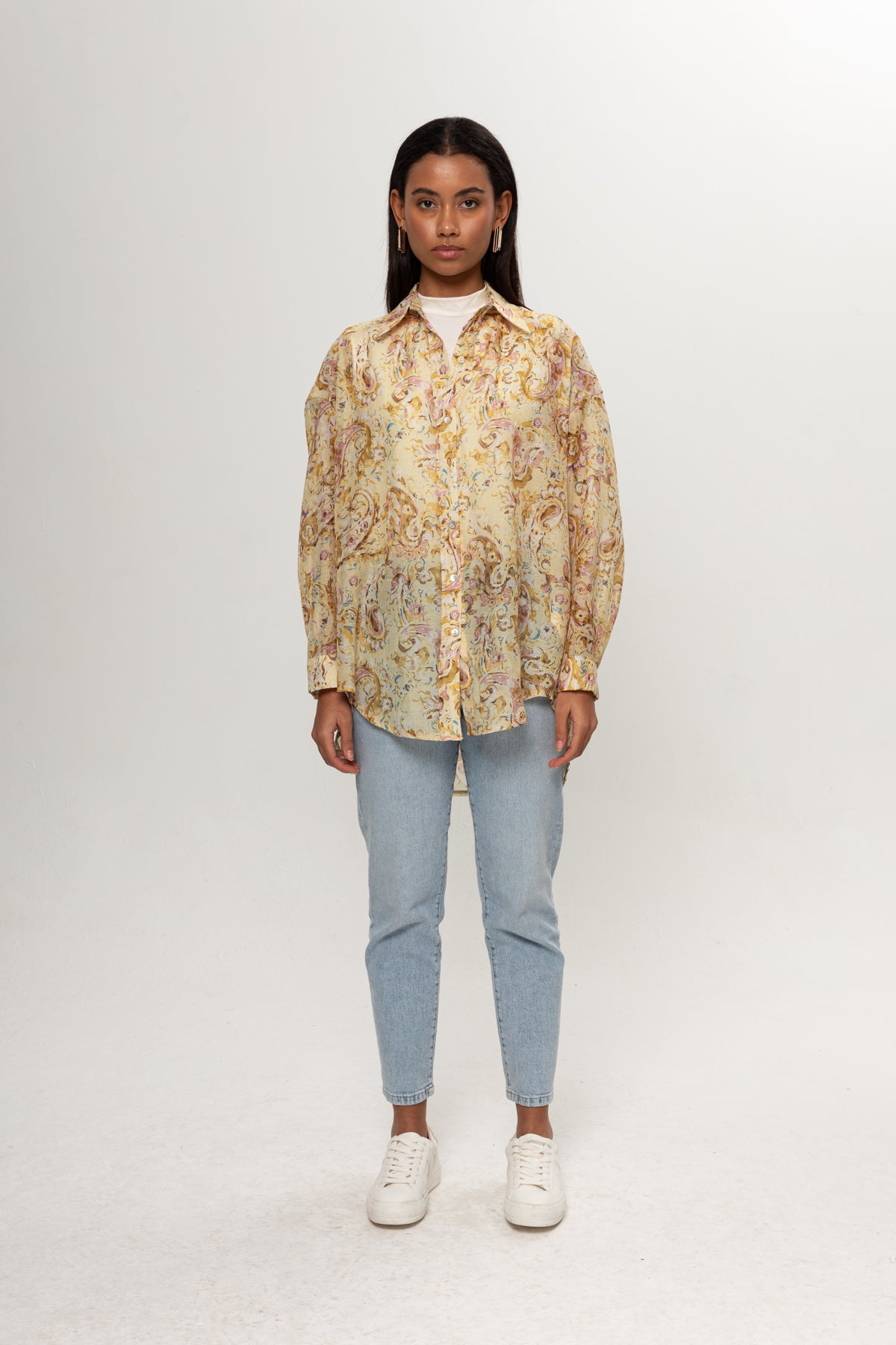 SARI ETNİK DESENLİ GÖMLEK