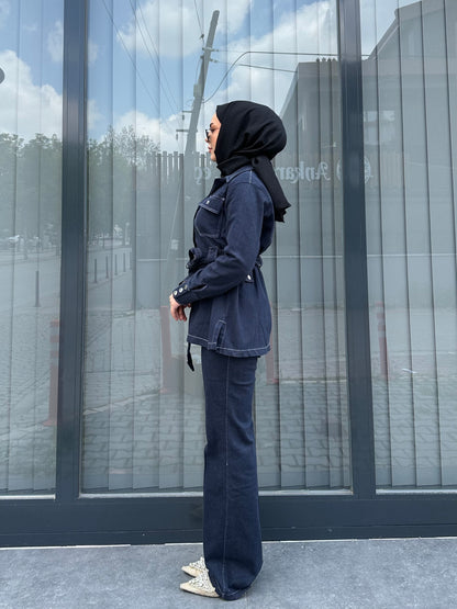 KOYU DENIM BEYAZ DİKİŞ DETAY PANTOLON TAKIM