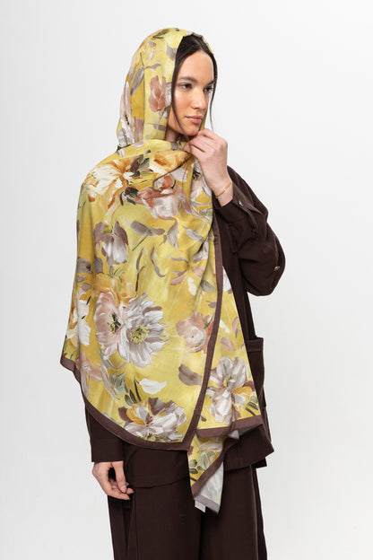 KAHVE SARI  ÇİÇEK DESENLİ ŞAL