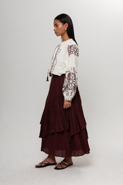 BEYAZ  BORDO NAKIŞLI BLUZ