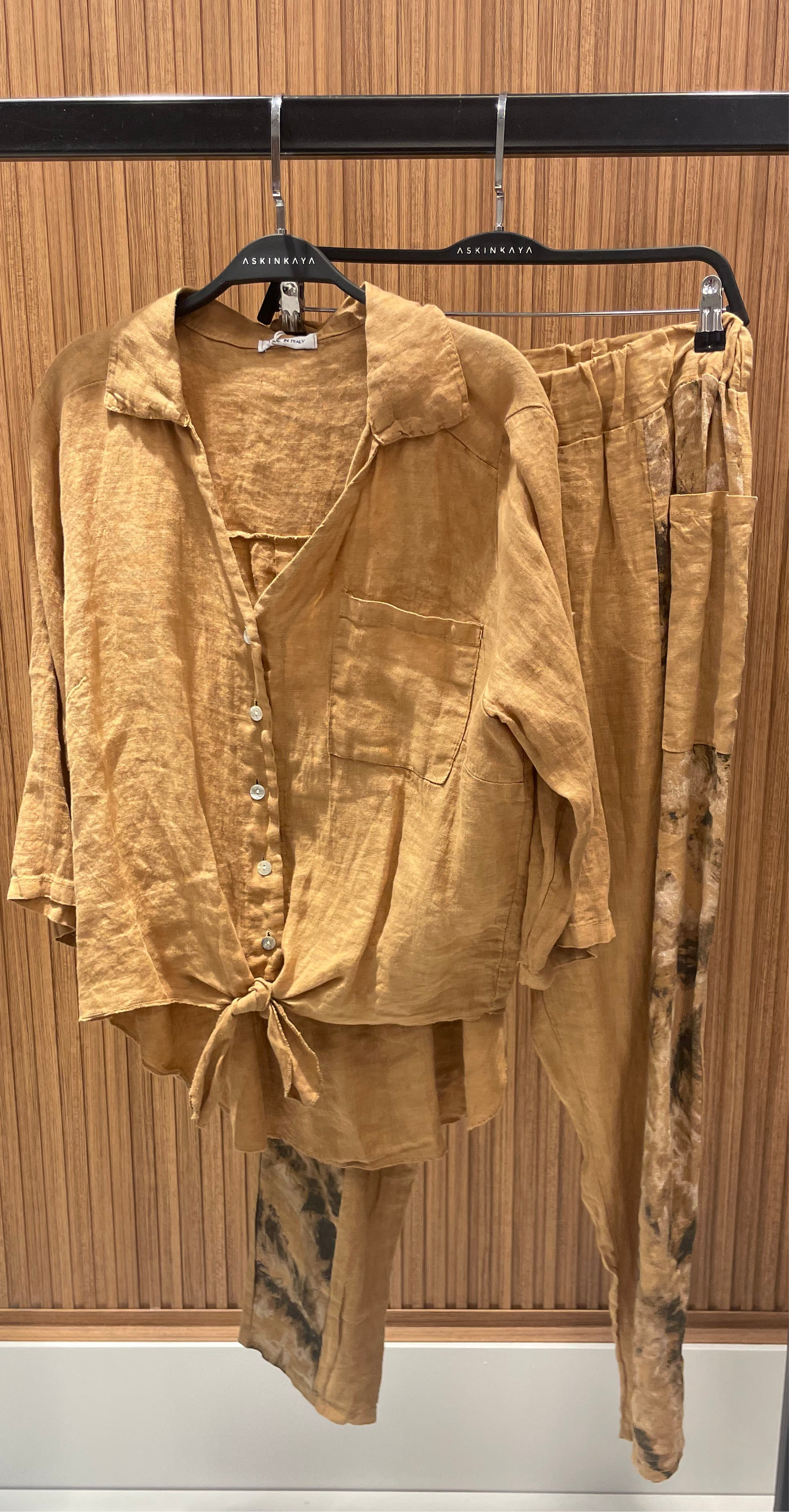 CAMEL DESENLİ  KETEN PANTOLON TAKIM