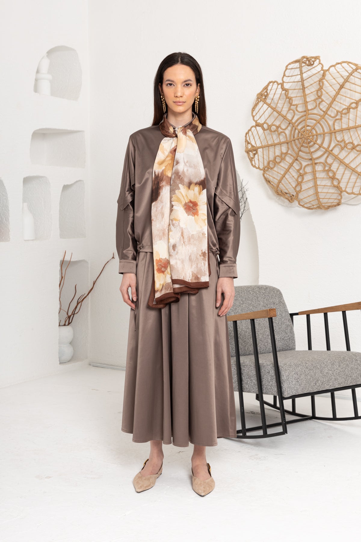 KAHVE   ÇİÇEK DESENLİ ŞAL