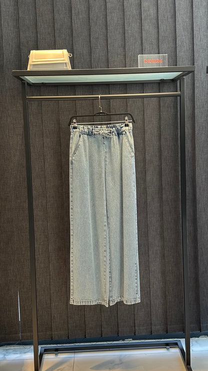 AÇIK DENİM BOL PAÇA BELİ LASTİKLİ KOT PANTOLON