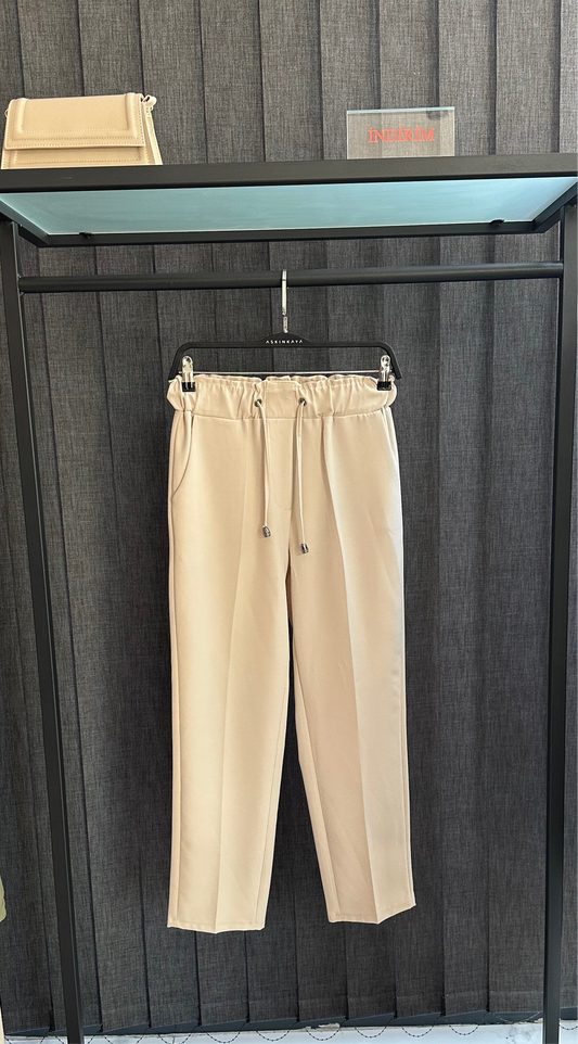 BEJ BELİ LASTİKLİ HAVUÇ FORM PANTOLON