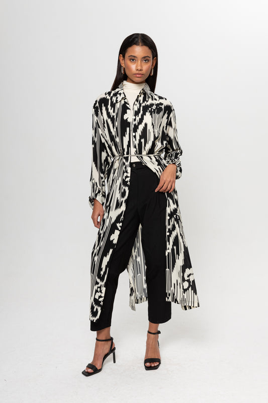 SİYAH BEJ KARIŞIK DESENLİ GÖMLEK ELBİSE