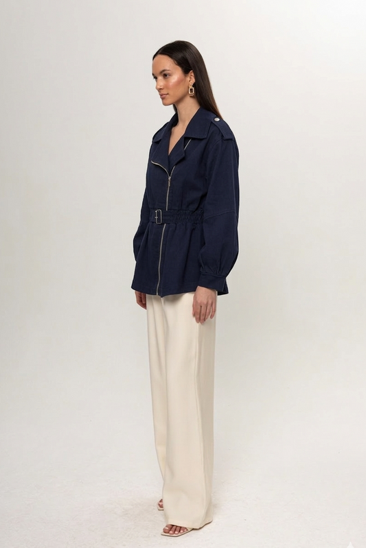 LACİVERT BELİ LASTİKLİ KEMER DETAY KOT CEKET