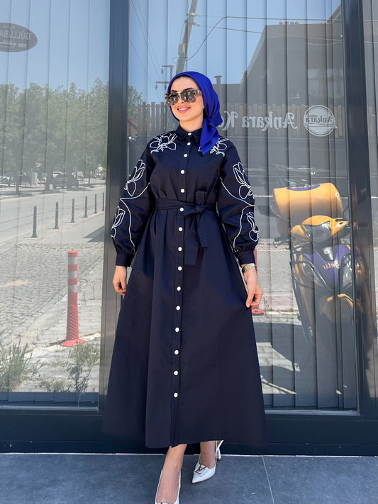 LACİVERT ÇİÇEK İŞLEMELİ ELBİSE