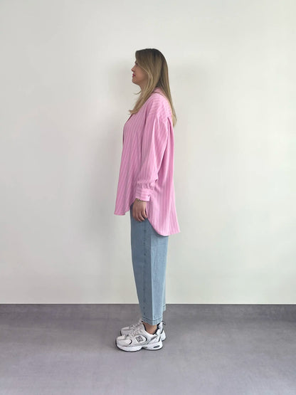 PEMBE ÇİZGİLİ OVERSIZE BASIC GÖMLEK - ASKINKAYA