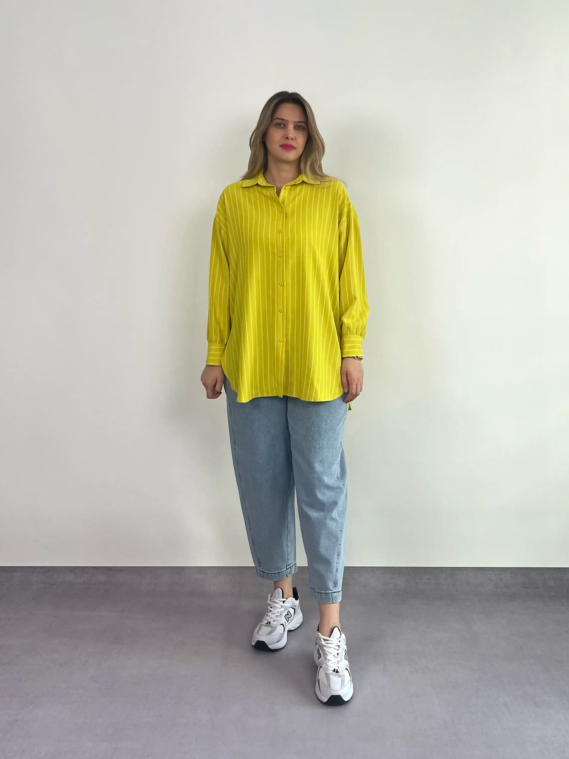 SARI ÇİZGİLİ OVERSIZE BASIC GÖMLEK - ASKINKAYA