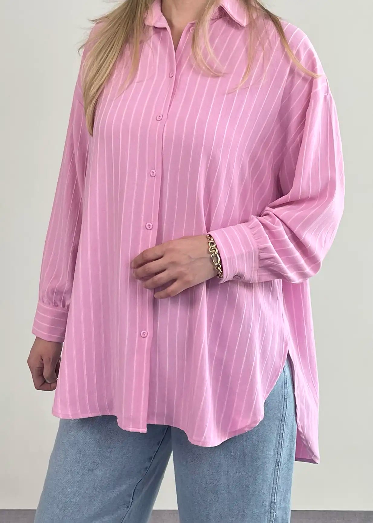 PEMBE ÇİZGİLİ OVERSIZE BASIC GÖMLEK - ASKINKAYA