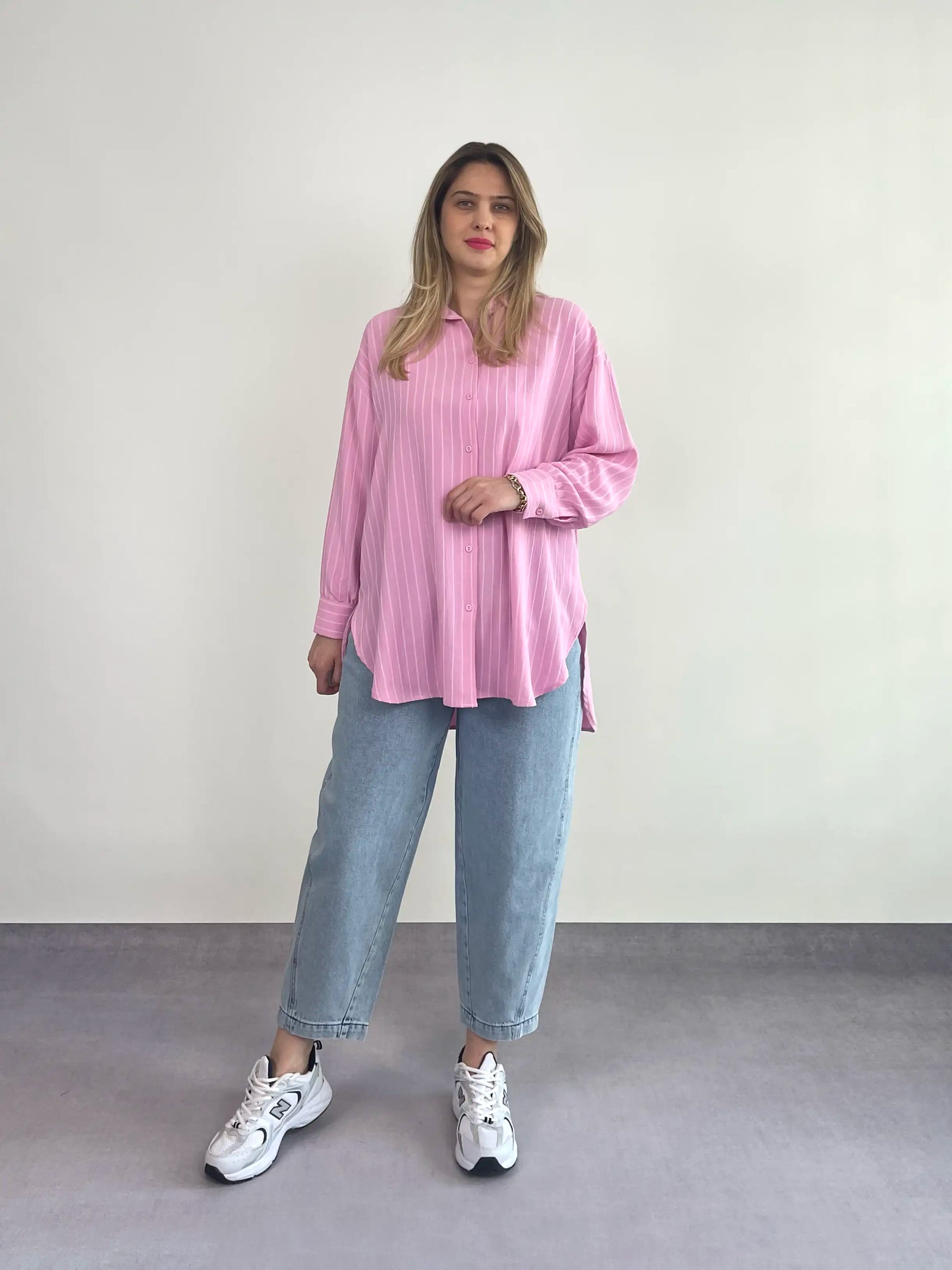 PEMBE ÇİZGİLİ OVERSIZE BASIC GÖMLEK - ASKINKAYA