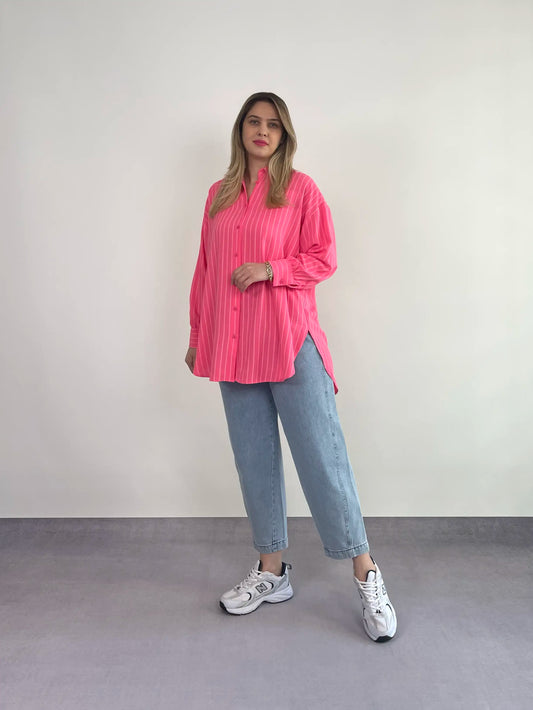 FUŞYA ÇİZGİLİ OVERSIZE BASIC GÖMLEK - ASKINKAYA