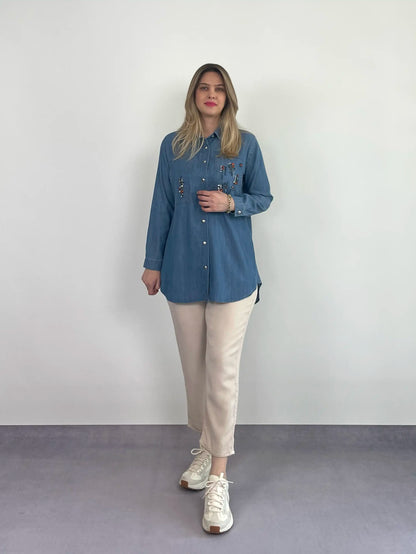 AÇIK DENIM RENKLİ TAŞ DETAY TENCEL GÖMLEK - ASKINKAYA