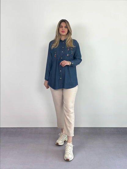 KOYU DENIM RENKLİ TAŞ DETAY TENCEL GÖMLEK - ASKINKAYA