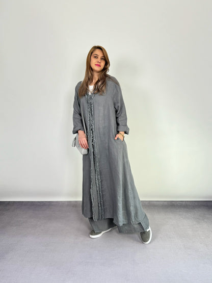 GRİ UZUN KETEN KAFTAN TAKIM - ASKINKAYA